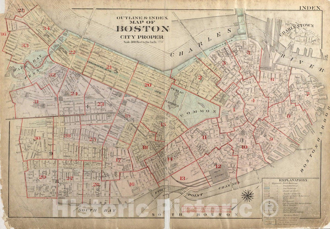 Historical Map, 1928 Outline & Index map of Boston City Proper, Vintage Wall Art
