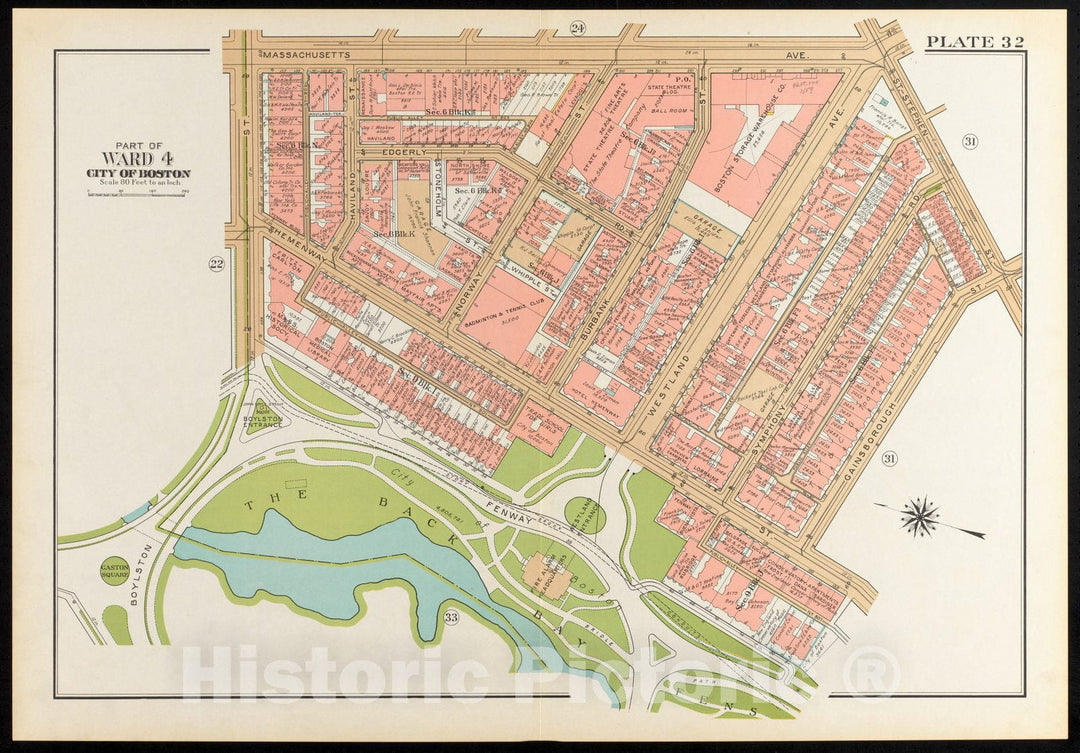 Historical Map, 1938 Atlas of the city of Boston, Boston proper and Back Bay : plate 32, Vintage Wall Art
