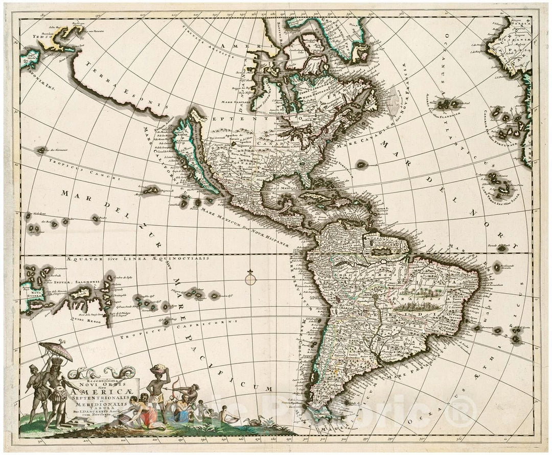 Historical Map, 1600-1699 Recentissima Novi orbis sive Americae septentrionalis et meridionalis Tabula, Vintage Wall Art