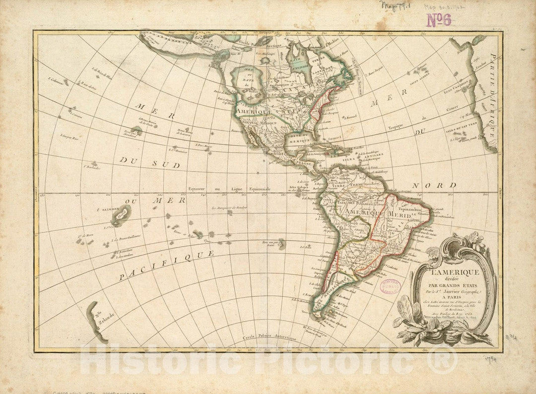 Historical Map, 1762 L'Amerique divisee par Grand etats, Vintage Wall Art