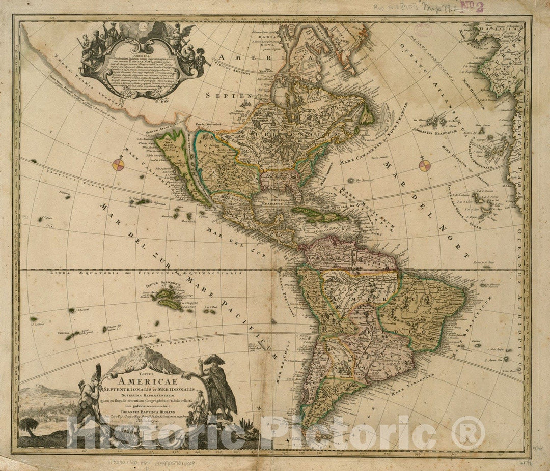 Historical Map, 1720 Totius Americae septentrionalis et meridionalis novissima reprasentatio quam ex singulis recantium geographorum tabulis collecta luci publica accomodavit Reprint