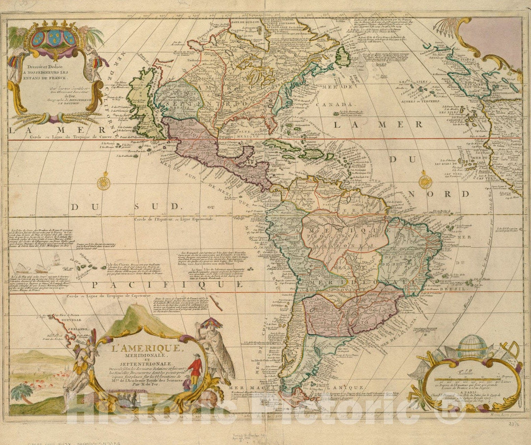 Historical Map, 1727 L'Amerique, meridionale, et septentrionale, Vintage Wall Art