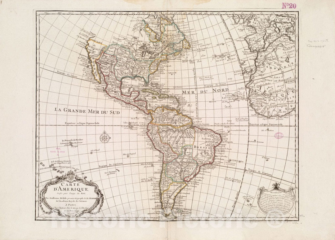Historical Map, 1722 Carte d'Amerique : dressee Pour l'usage du Roy, Vintage Wall Art