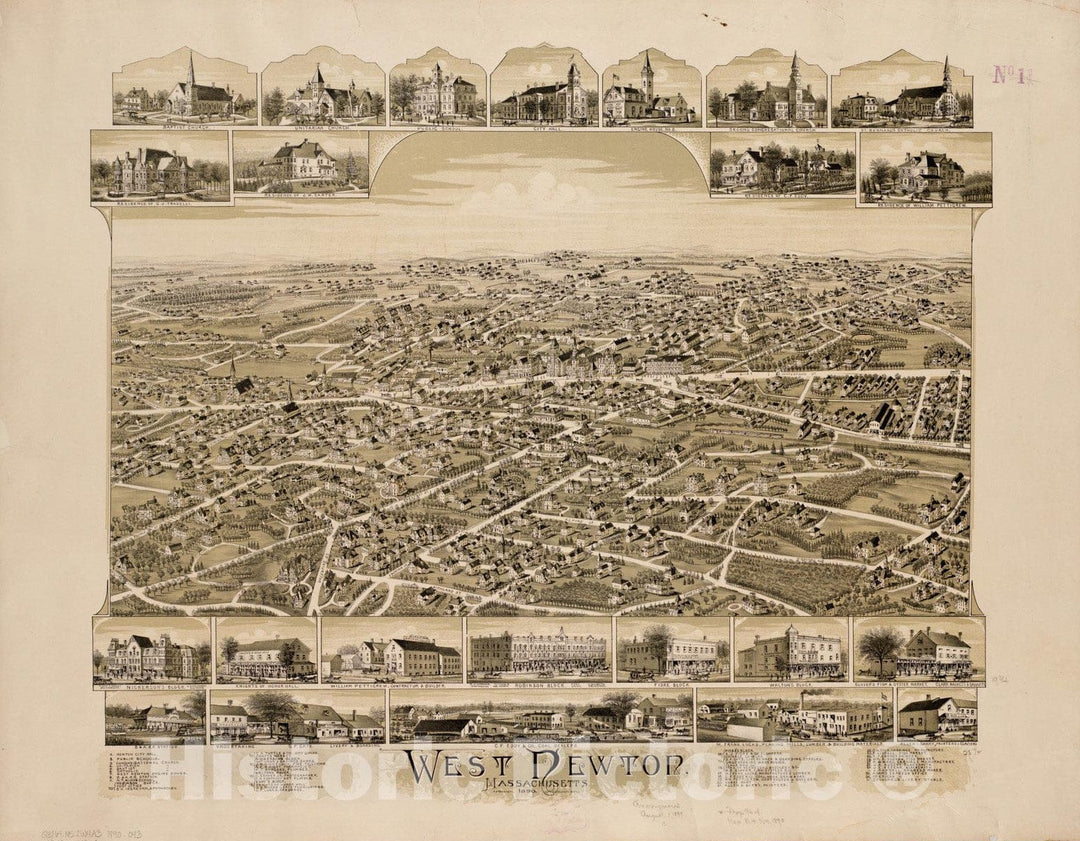 Historical Map, 1890 West Newton, Massachusetts, Vintage Wall Art