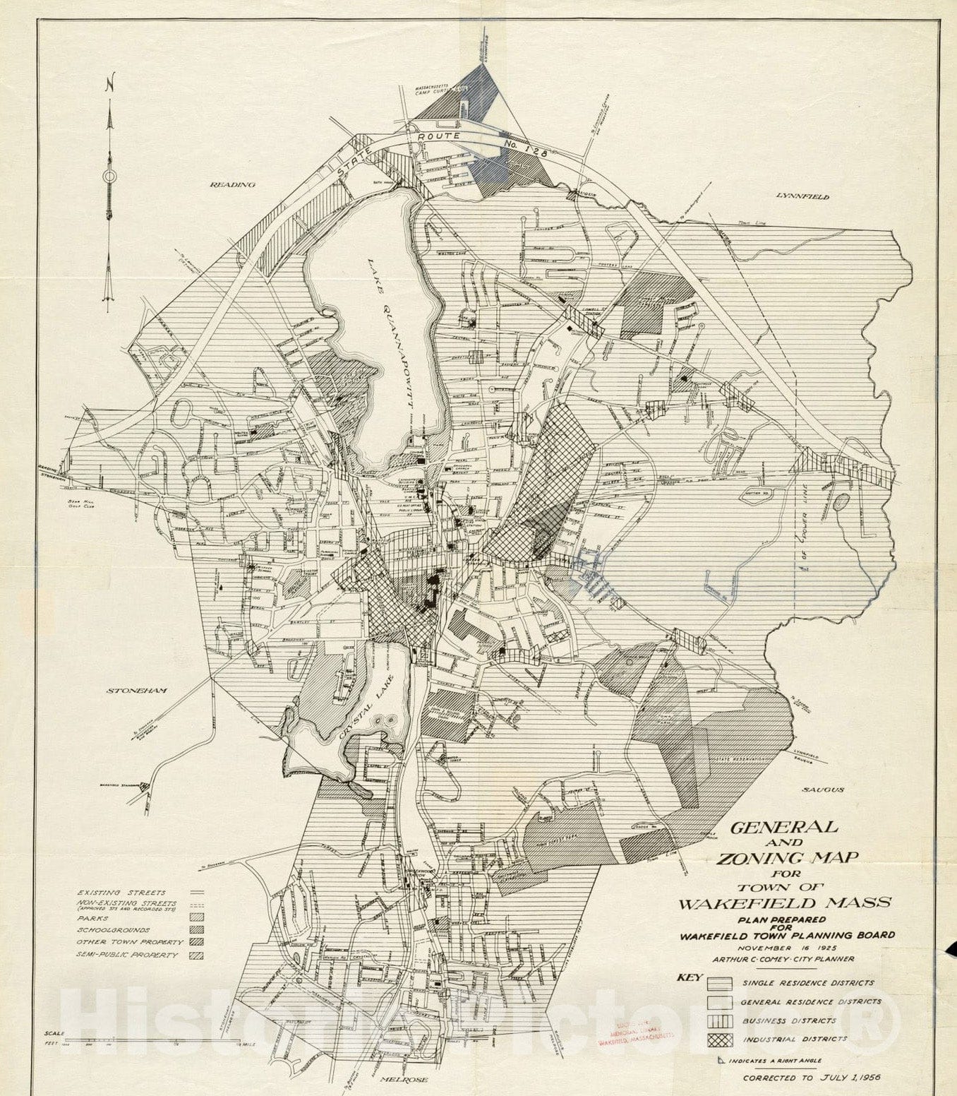 Historical Map, 1956 General and zoning map for Town of Wakefield Mass, Vintage Wall Art