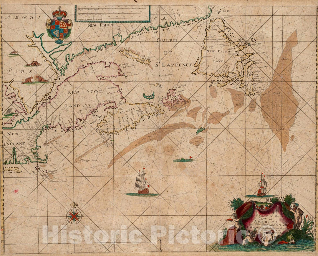 Historical Map, 1675 A chart of the coast of America from New found Land to Cape Cod, Vintage Wall Art
