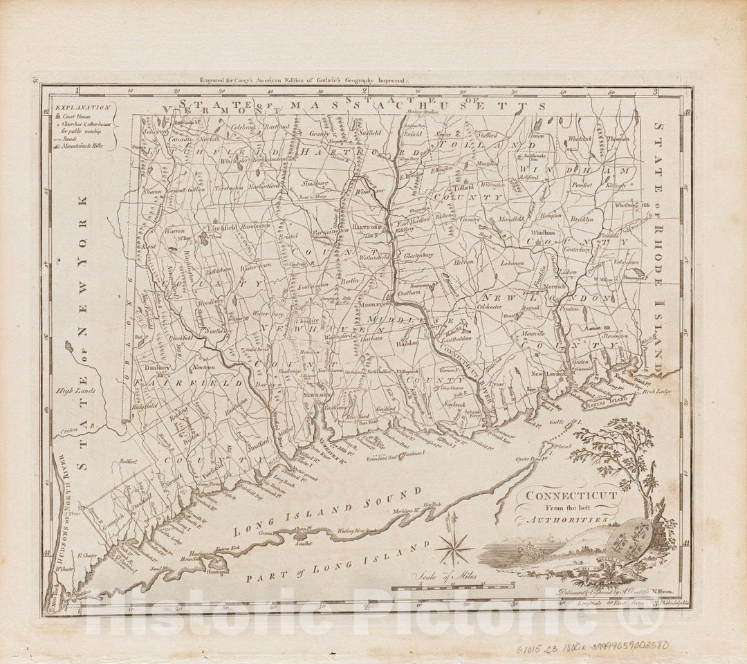 Historical Map, 1800 Connecticut from the best authorities, Vintage Wall Art