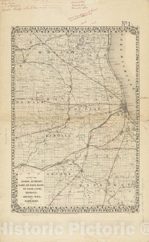 Historical Map, 1868 County map of Boone, McHenry, Lake, De Kalb, Kane, Du Page, Cook, Kendall, Grundy, Will, and Kankakee, Vintage Wall Art