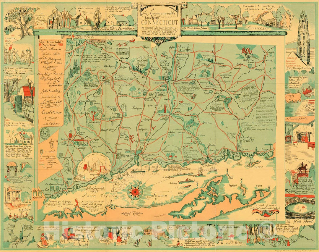 Historical Map, 1926 The Commonwealth of Connecticut, Vintage Wall Art