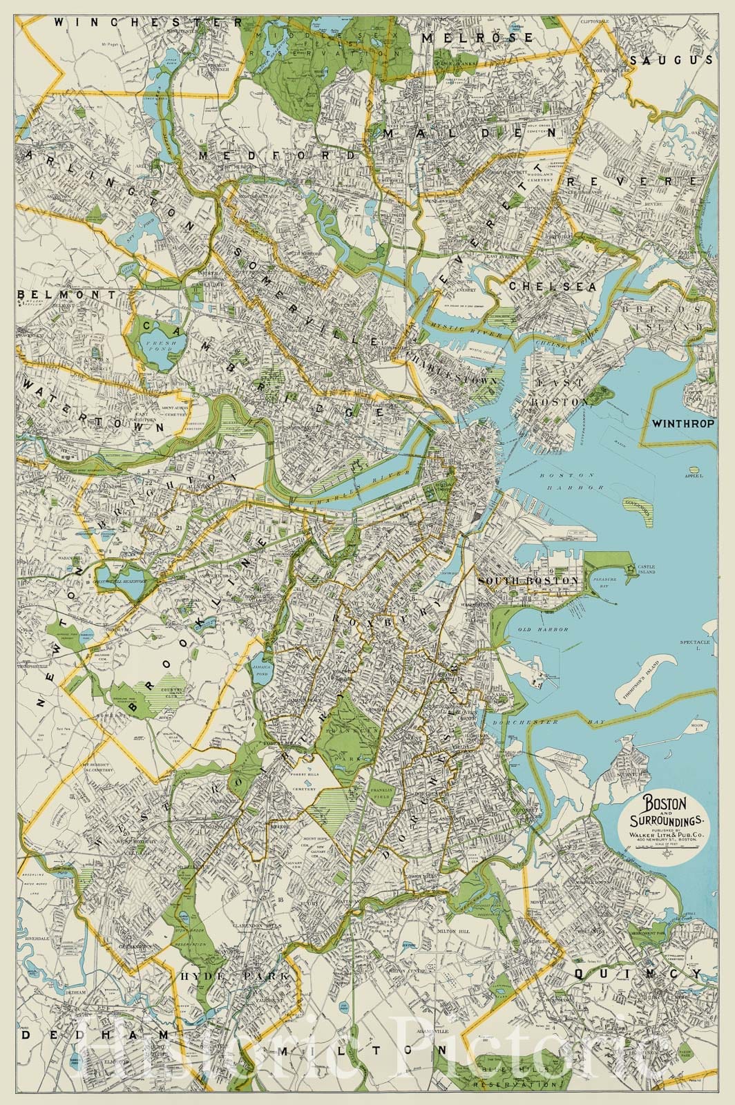 Historical Map, 1927 Boston and surroundings, Vintage Wall Art