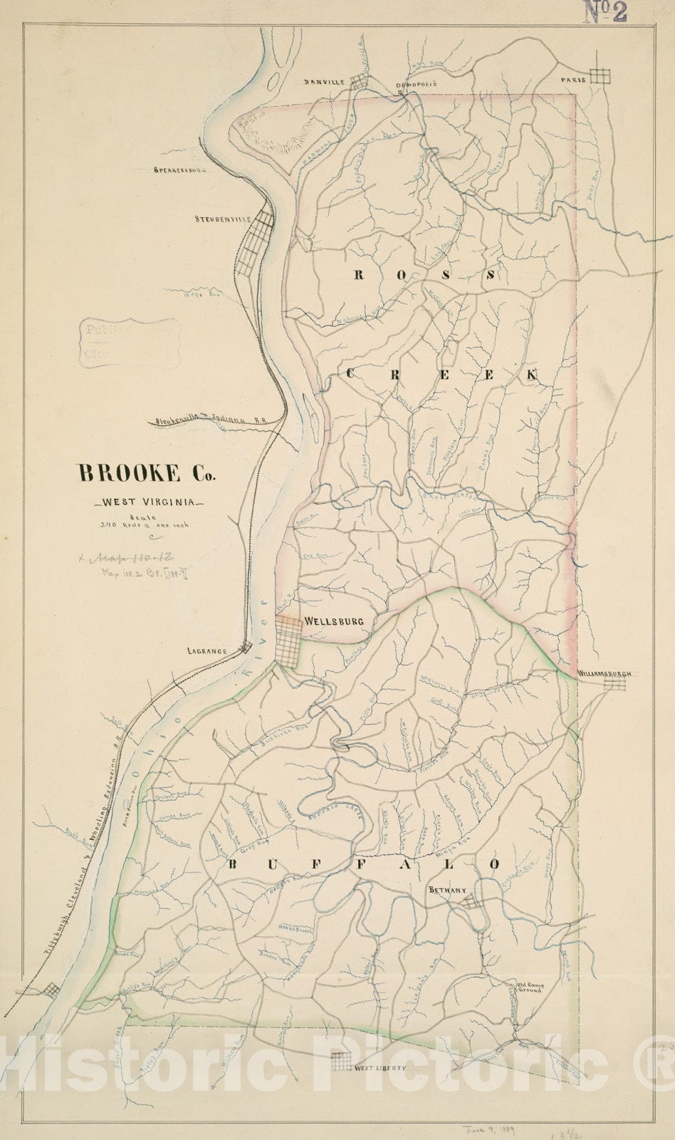 Historical Map, 1880-1889 Brooke Co, West Virginia, Vintage Wall Art