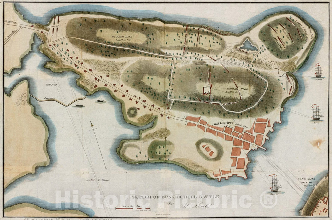 Historical Map, 1826 Sketch of Bunker Hill Battle, Vintage Wall Art