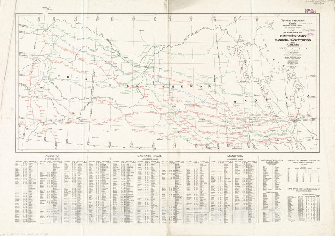 Historical Map, 1914 Map Showing Branches of Chartered Banks in Manitoba, Saskatchewan and Alberta, Vintage Wall Art