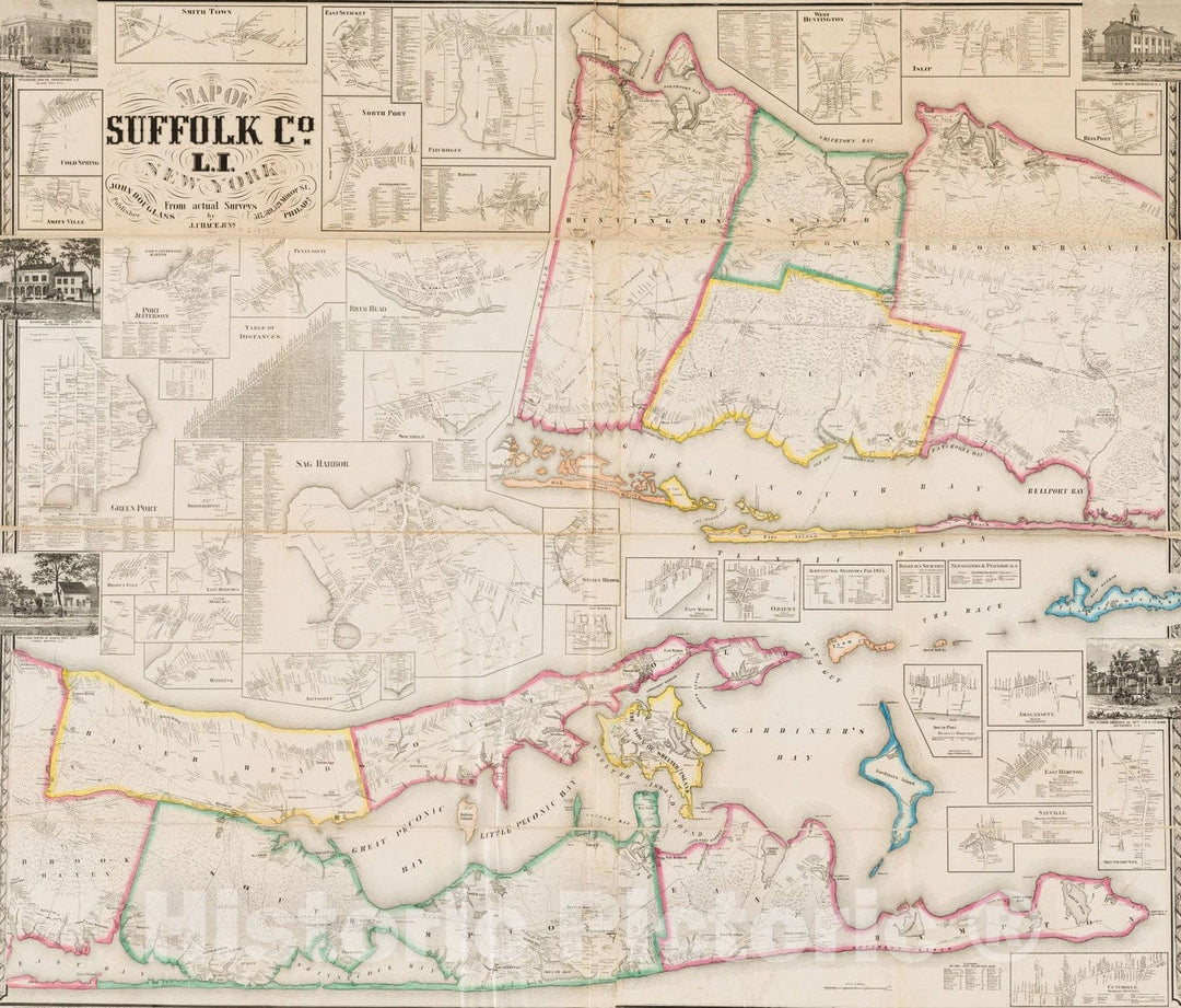 Historical Map, 1858 Map of Suffolk Co, L.I, New York : from Actual surveys, Vintage Wall Art