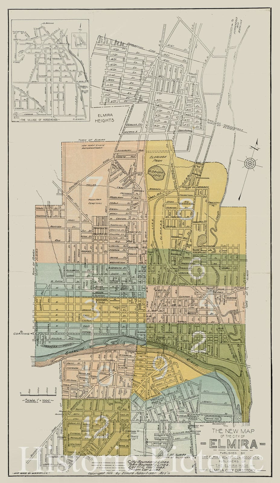Historical Map, ca. 1919 The New map of The City of Elmira, Vintage Wall Art