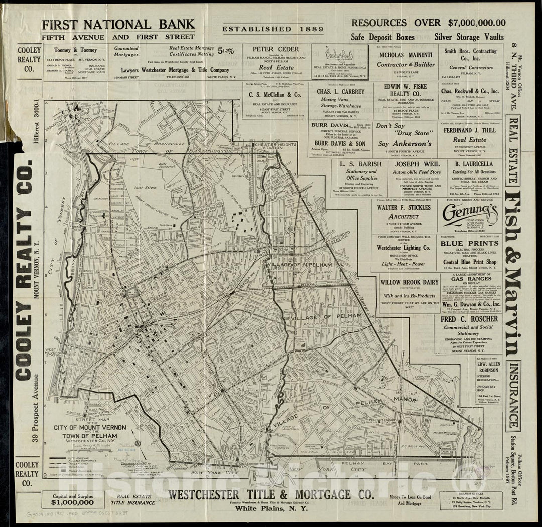 Historical Map, ca. 1921 Street map of The City of Mount Vernon and The Town of Pelham, Westchester County, N.Y, Vintage Wall Art
