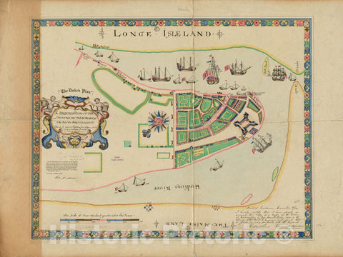 Historical Map, A Description of The Towne of Mannados or New Amsterdam : as it was in September, 1661, Lying in lattitude 40 de. and 40 m, Anno Domini 1664, Vintage Wall Art