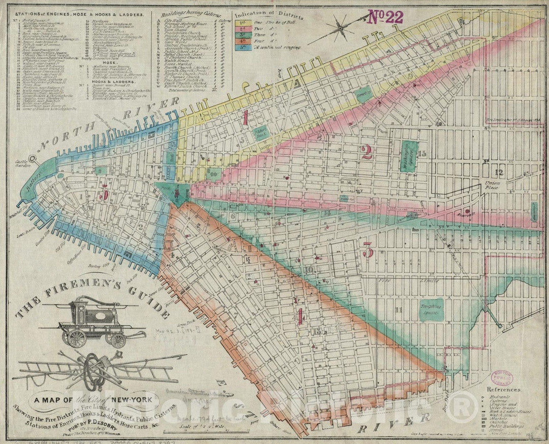 Historical Map, 1834 The Firemen's Guide : a map of The City of New-York, Showing The fire districts, fire Limits, hydrants, Public cisterns, Stations of Engines, Hooks, Vintage Wall Art