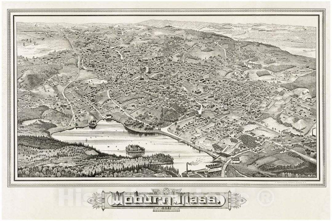 Historical Map, Woburn, Mass, 1883, Vintage Wall Art