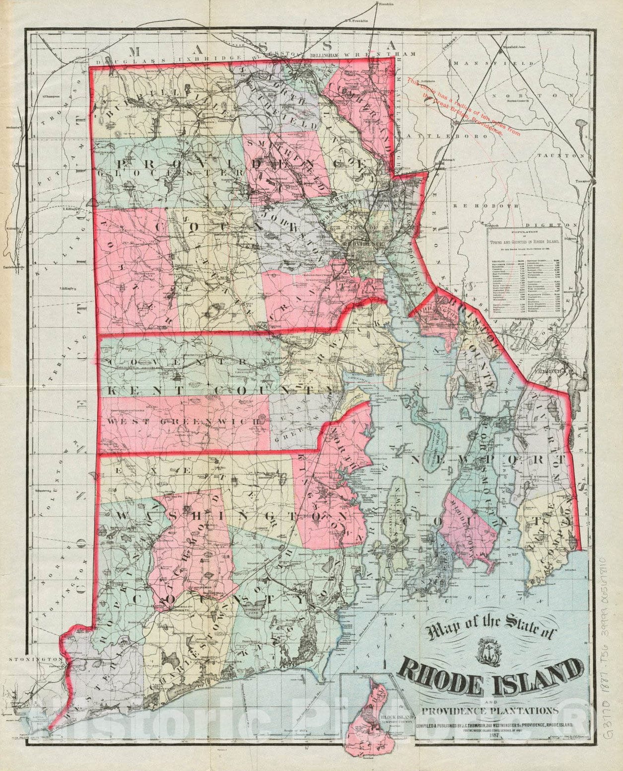 Historical Map, 1887 Map of The State of Rhode Island and Providence Plantations, Vintage Wall Art