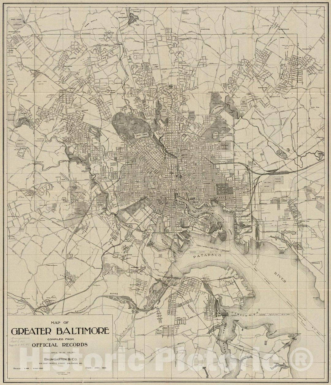 Historical Map, ca. 1919 Map of Greater Baltimore, compiled from Official Records : Area 91.93 sq. mi, Vintage Wall Art