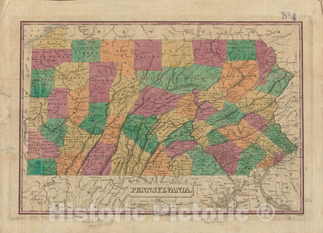 Historical Map, 1829 Pennsylvania, Vintage Wall Art