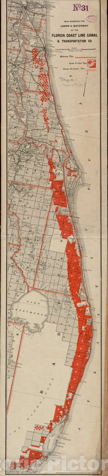 Historical Map, 1890-1899 Map Showing The Lands & Waterway of The Florida Coast Line Canal & Transportation Co, Vintage Wall Art