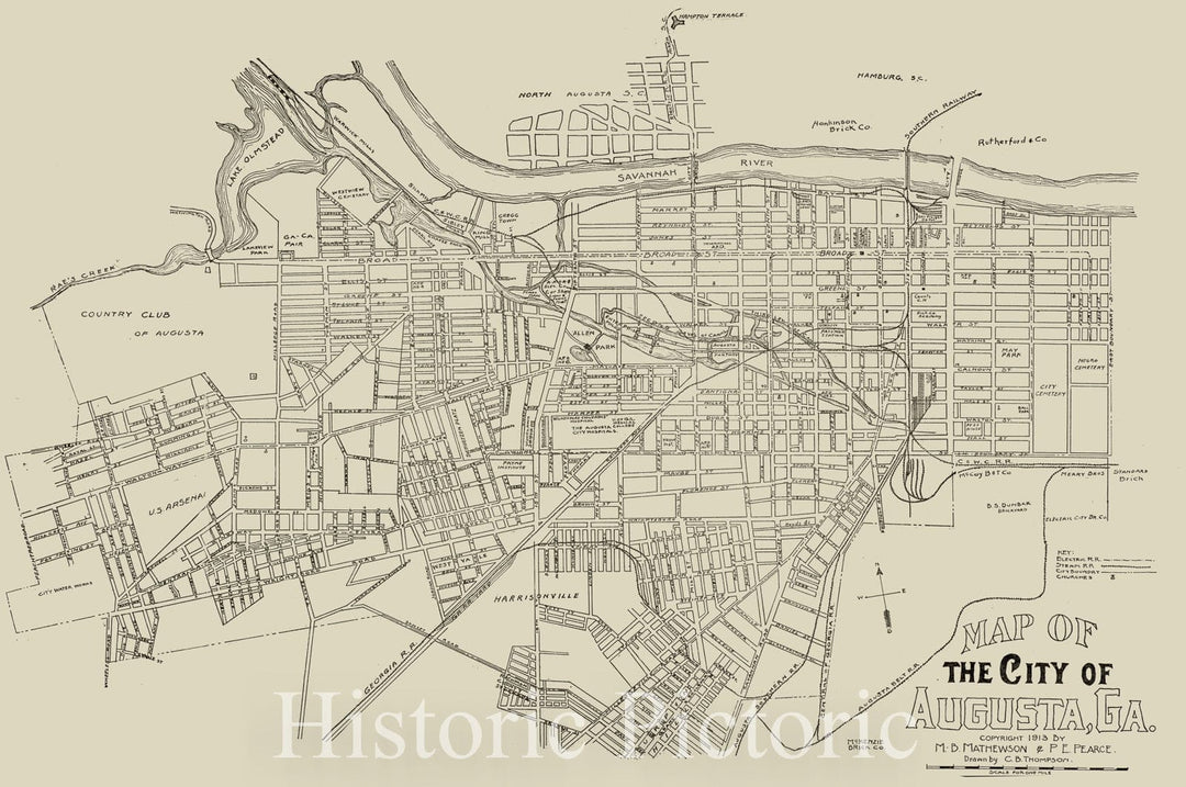 Historical Map, 1913 Map of The City of Augusta, Ga, Vintage Wall Art