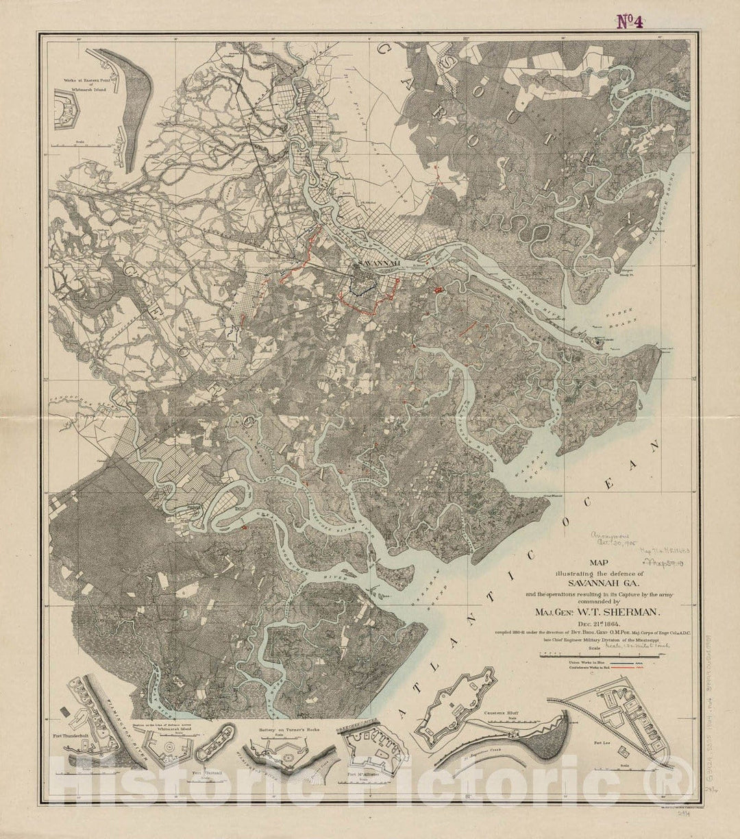 Historical Map, 1881 Map illustrating the defence of Savannah, Georgia. resulting in its capture by Maj. Genl. W.T. Sherman, Dec. 21st, 1864, Vintage Wall Art
