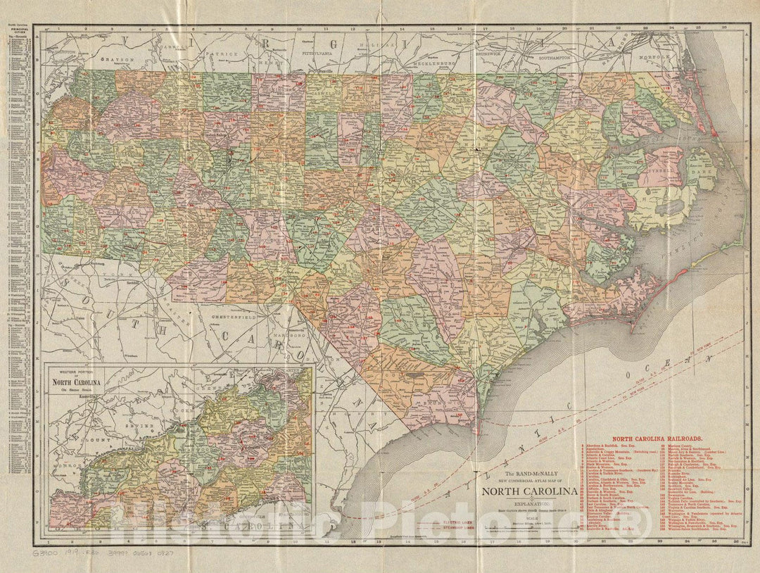 Historical Map, 1919 The Rand McNally new commercial atlas map of North Carolina, Vintage Wall Art