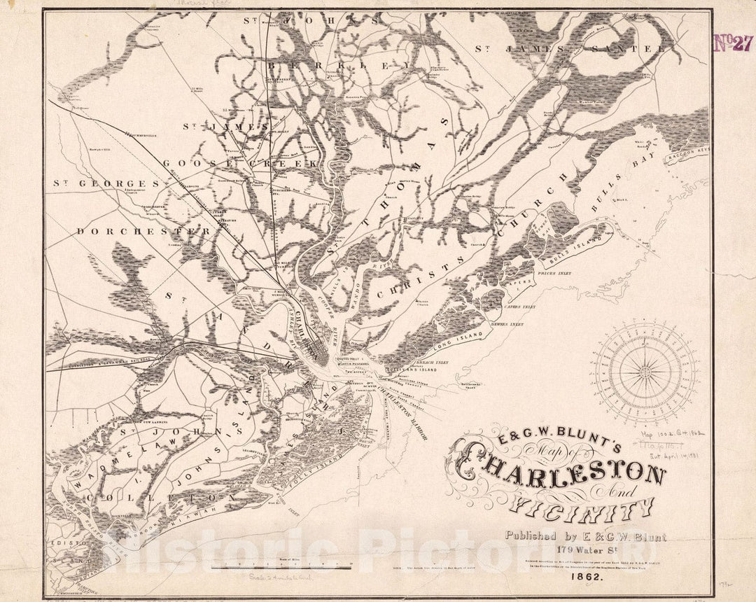 Historical Map, 1862 E. & G.W. Blunt's map of Charleston and Vicinity, Vintage Wall Art