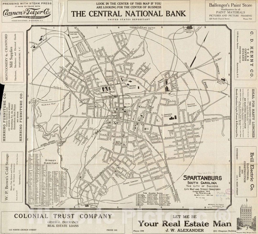 Historical Map, 1918 Spartanburg, South Carolina : The City of Success ; City map and Street Directory, Vintage Wall Art
