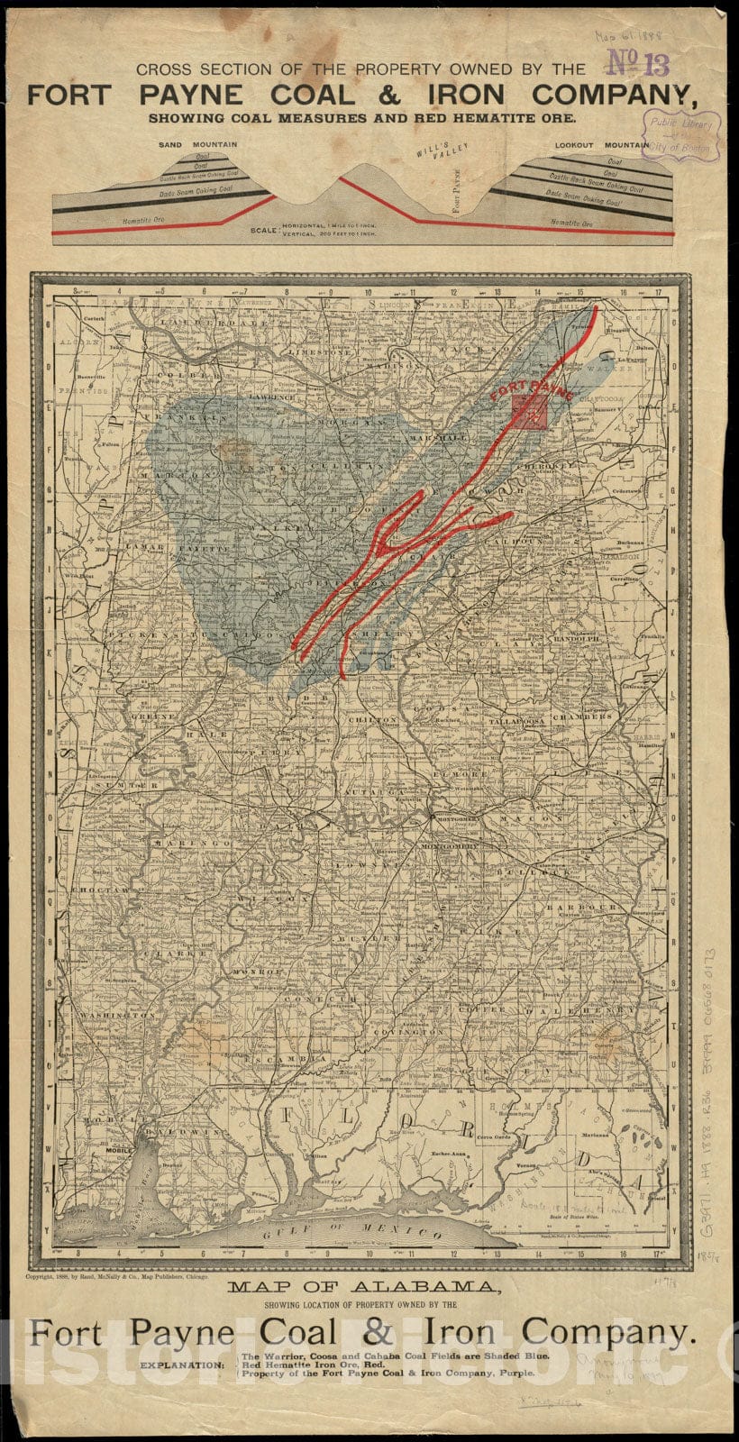 Historical Map, ca. 1888 Map of Alabama, Showing Location of Property Owned by The Fort Payne Coal & Iron Company, Vintage Wall Art