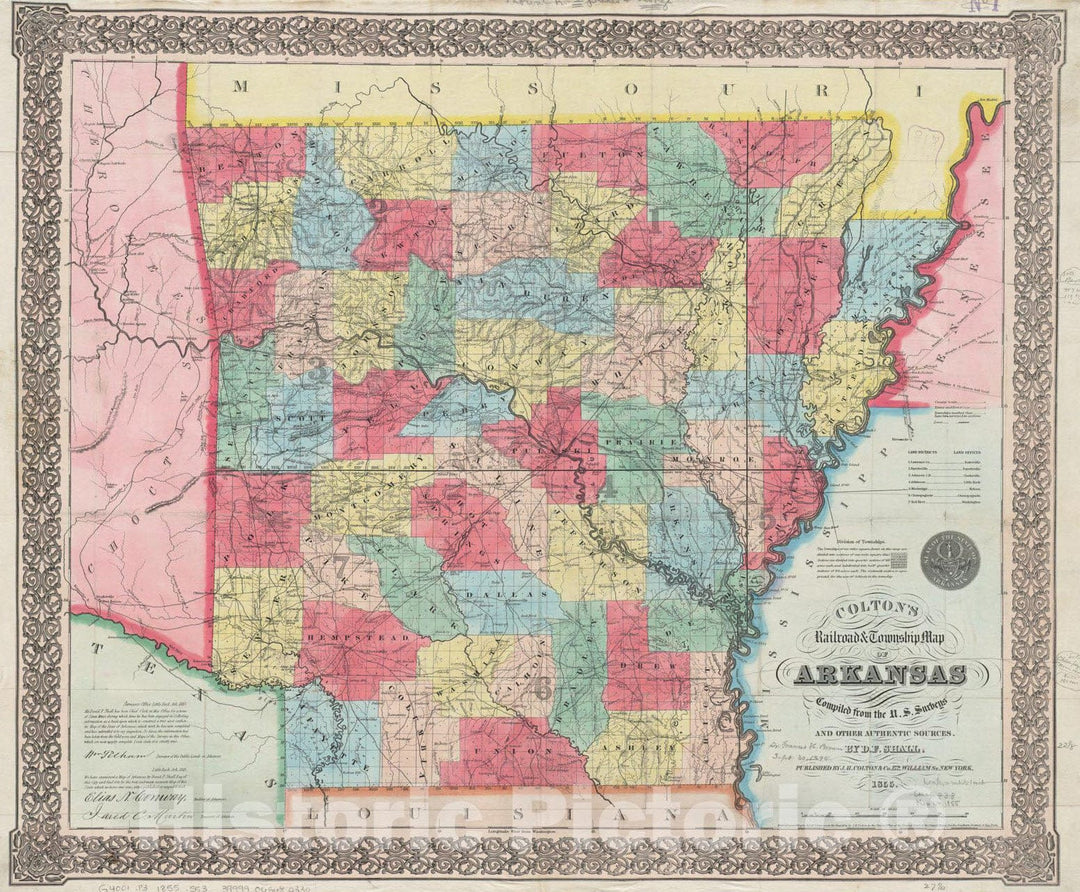 Historical Map, 1855 Colton's Railroad & Township map of Arkansas, Vintage Wall Art