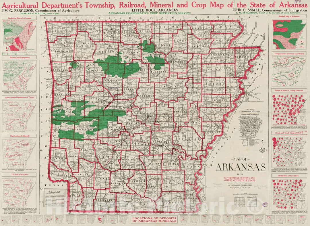 Historical Map, 1919 Map of Arkansas : from Government and Other Authentic Sources, Vintage Wall Art