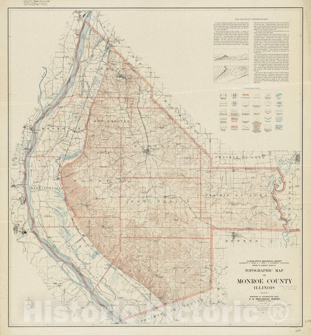 Historical Map, 1914 Topographic map of Monroe County, Illinois, Vintage Wall Art
