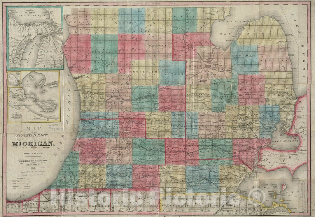 Historical Map, 1853 Map of The surveyed Part of Michigan, Vintage Wall Art