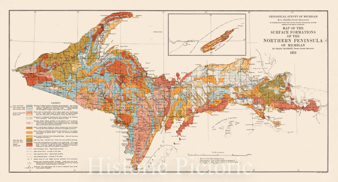 Historical Map, 1911 Map of the surface formations of the Northern Peninsula of Michigan, Vintage Wall Art