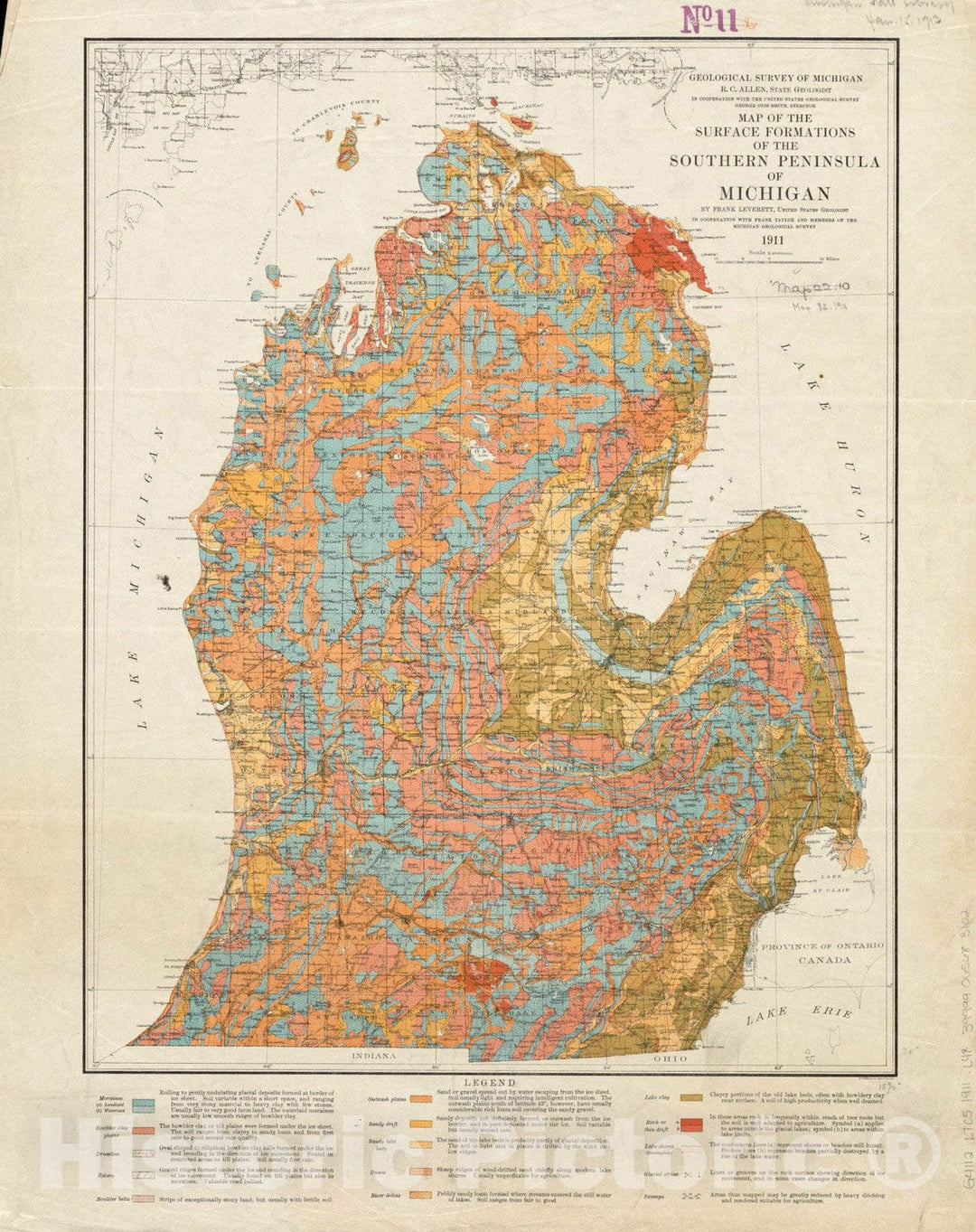 Historical Map, 1911 Map of The Surface Formations of The Southern Peninsula of Michigan, Vintage Wall Art