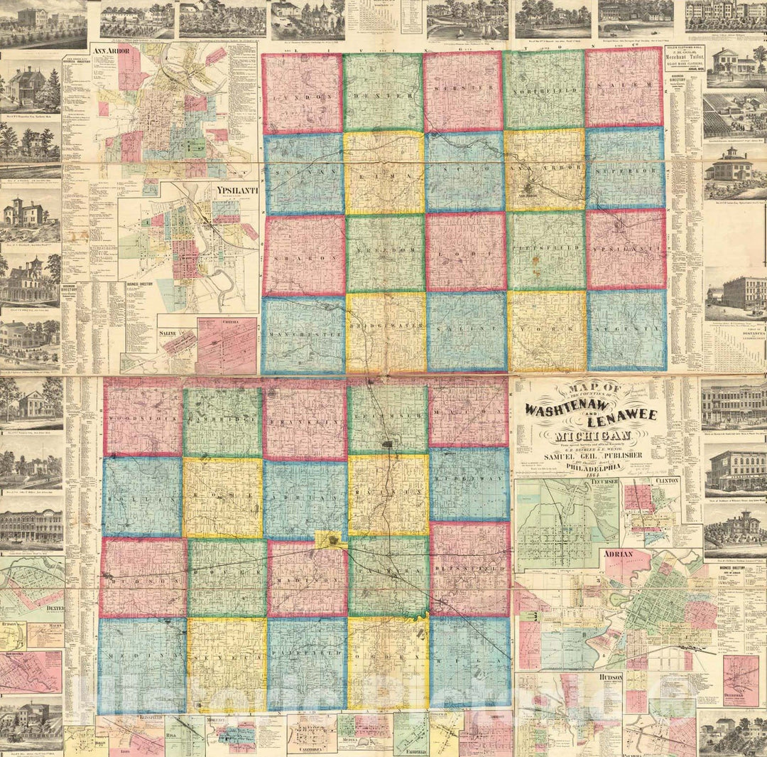 Historical Map, 1864 Map of the counties of Washtenaw and Lenawee, Michigan, Vintage Wall Art
