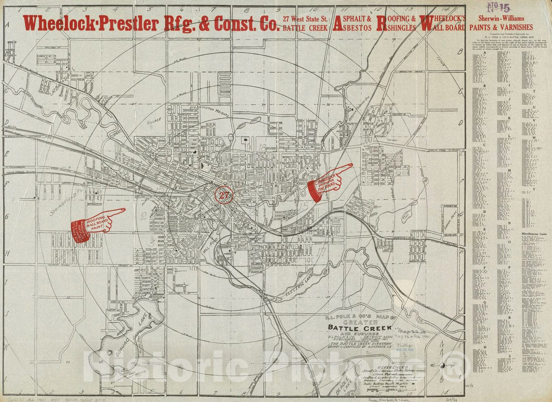 Historical Map, ca. 1921 R.L. Polk & Co's map of Greater Battle Creek and Suburbs, Vintage Wall Art
