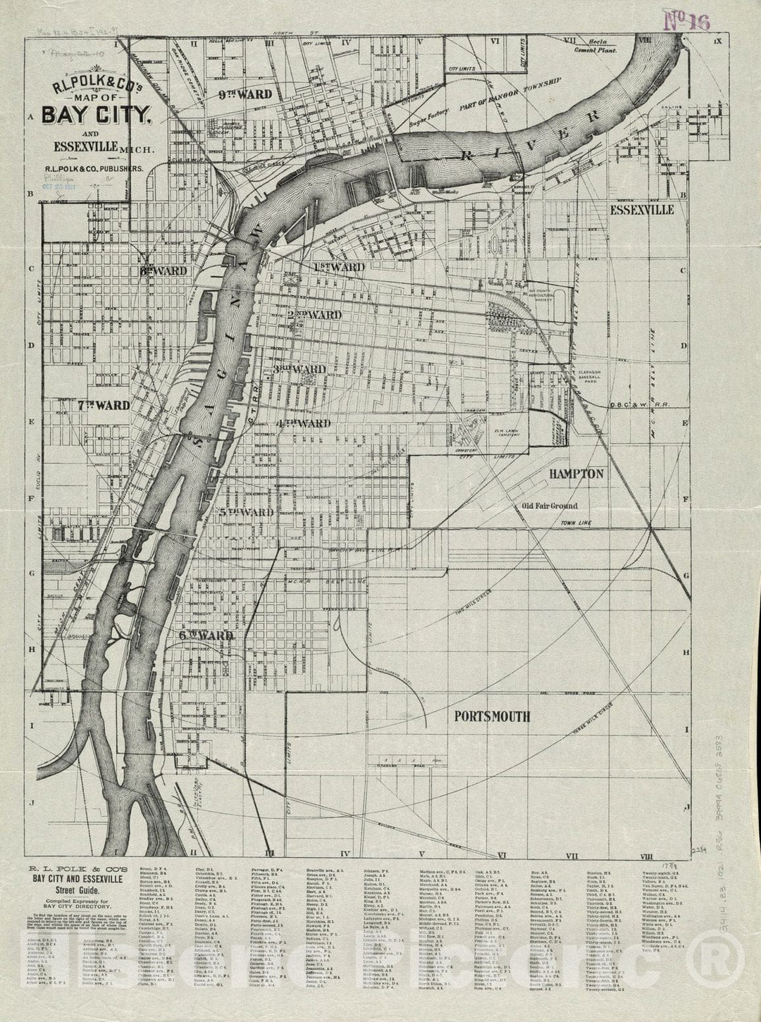 Historical Map, 1921 R.L. Polk & Co.'s map of Bay City, and Essexville Mich, Vintage Wall Art