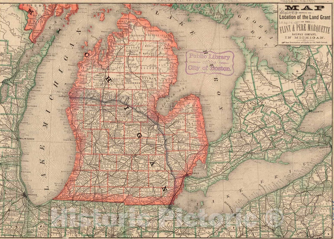 Historical Map, 1879 Map Showing The Location of The Land Grant of The Flint & Pere Marquette Railway Company, in Michigan, Vintage Wall Art