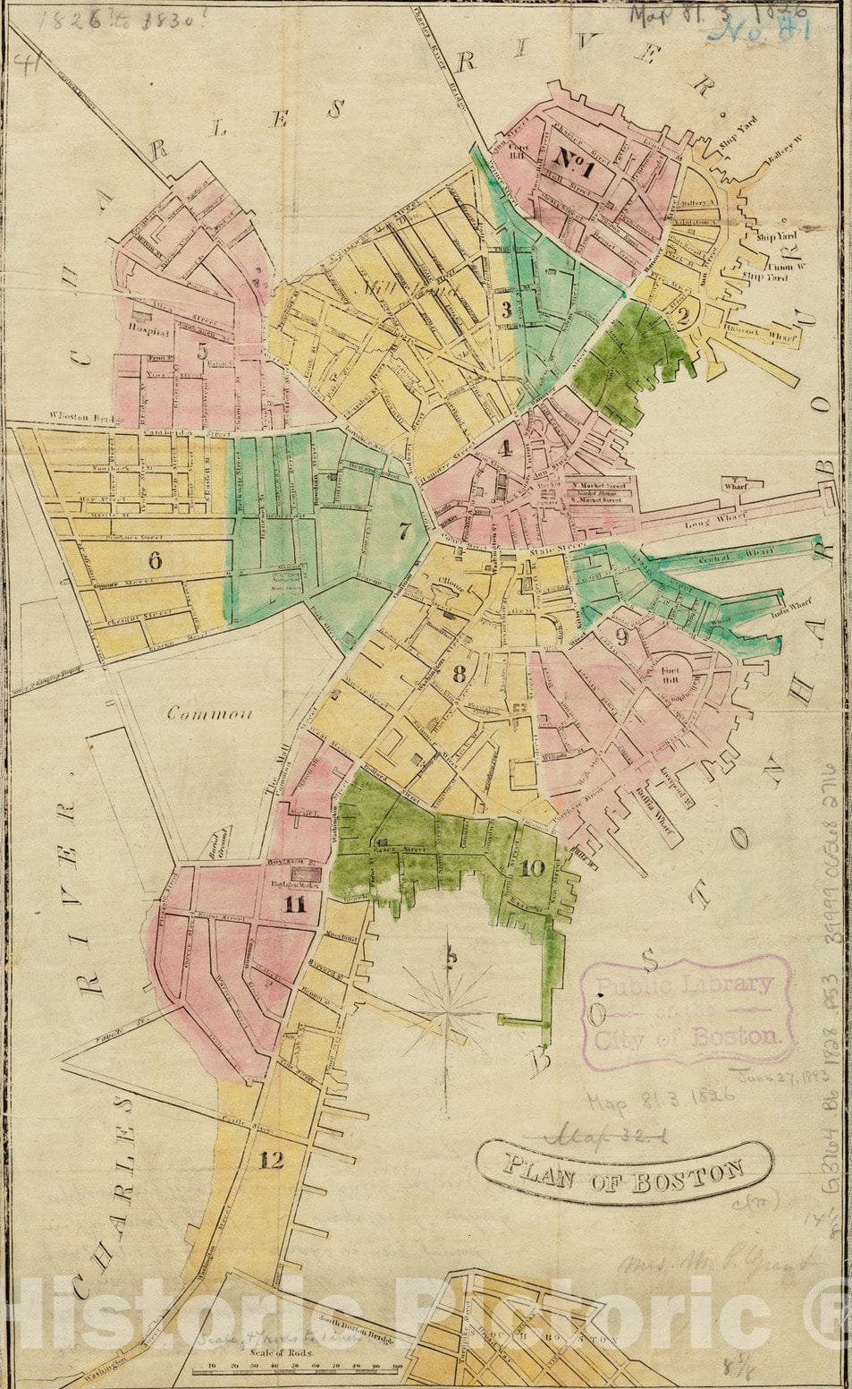 Historical Map, 1826-1828 Plan of Boston, Vintage Wall Art