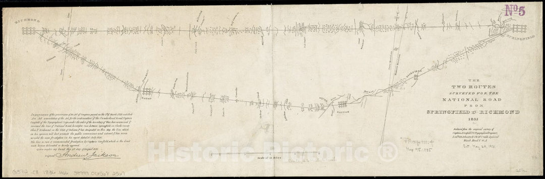 Historical Map, The Two Routes surveyed for The National Road from Springfield to Richmond, 1835 : Reduced from The Original Survey of Captain A. Canfield, Vintage Wall Art
