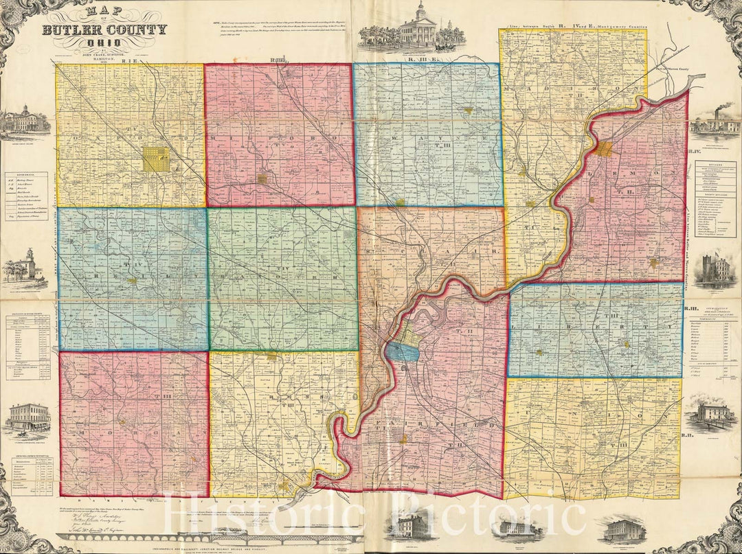 Historical Map, 1855 Map of Butler County, Ohio, Vintage Wall Art