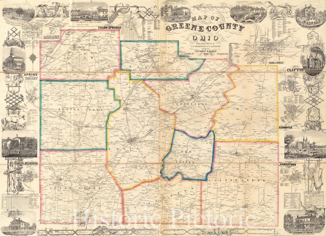 Historical Map, 1855 Map of Greene County, Ohio, Vintage Wall Art