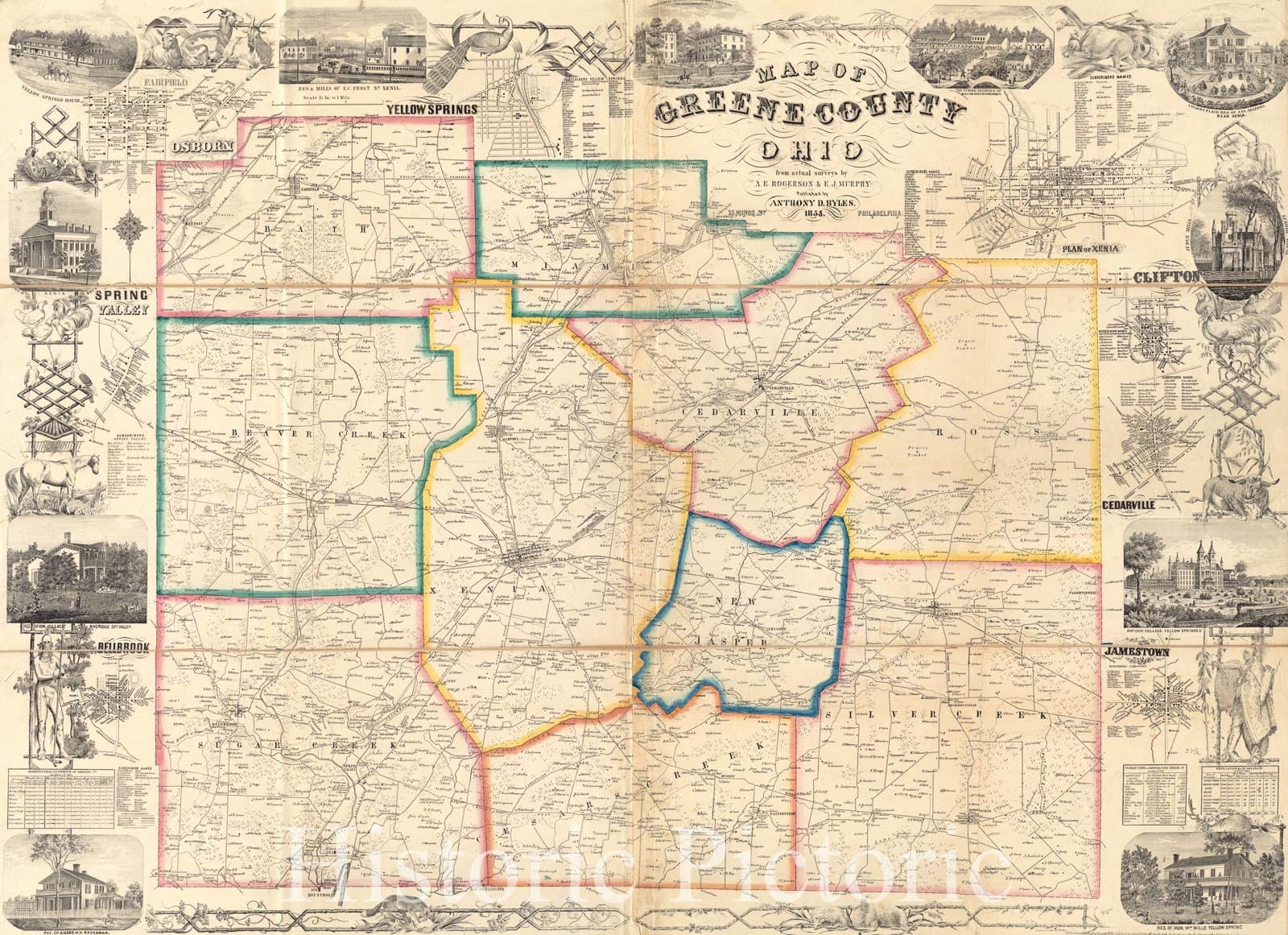 Historical Map, 1855 Map of Greene County, Ohio, Vintage Wall Art