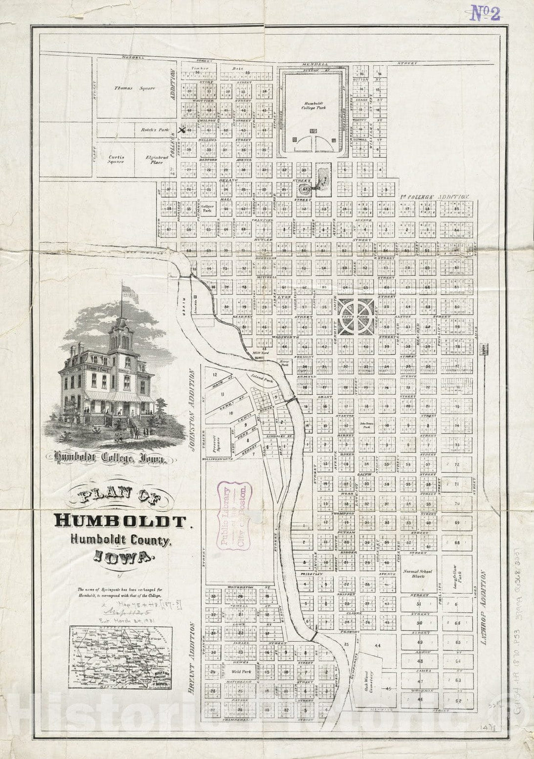 Historical Map, 1870-1879 Plan of Humboldt, Humboldt County, Iowa, Vintage Wall Art