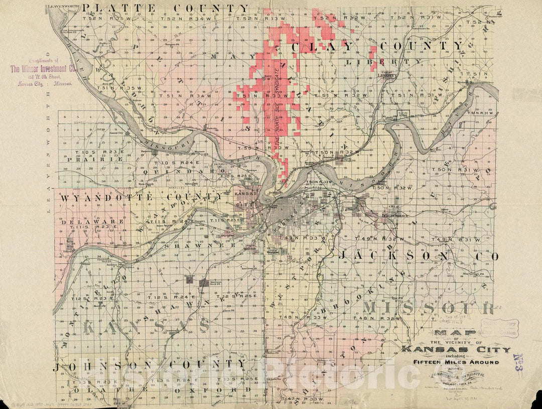 Historical Map, 1890-1899 Map of The Vicinity of Kansas City : Including Fifteen Miles Around, Vintage Wall Art